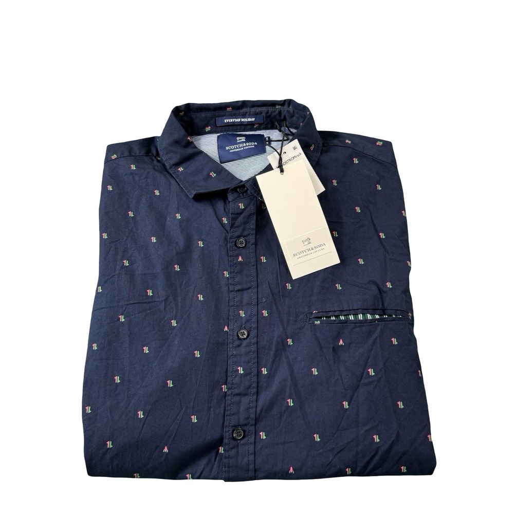 Scotch & Soda Blue Geometric AOP Mens Cotton Button Front Shirt XL 155163 NWT